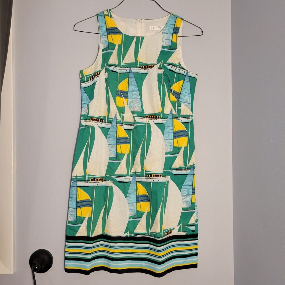 London Times Sailboat Print Shift Dress Green Nautical Coastal US 4